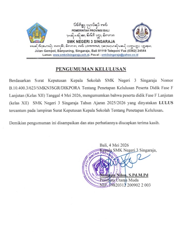 PENGUMUMAN KELULUSAN FASE F LANJUTAN TA 2025/2026